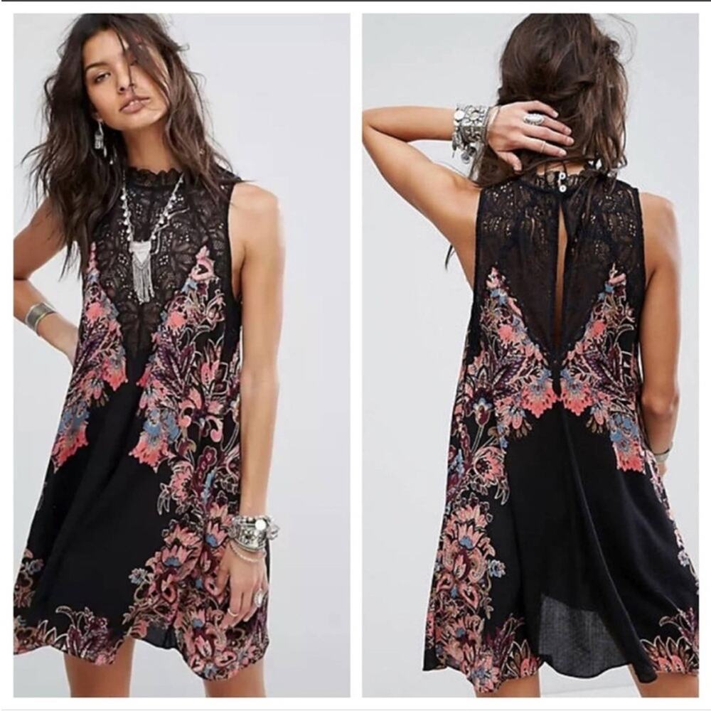 Free People Marsha black lace sleeveless mini trapeze dress